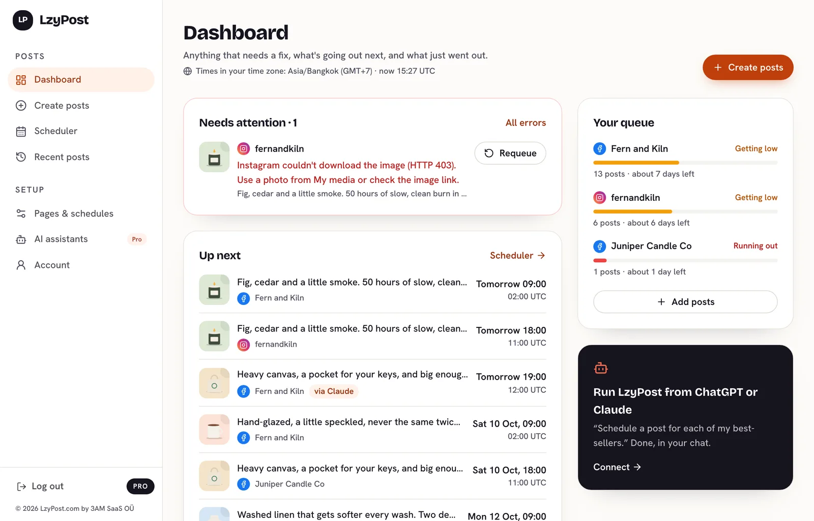 The LzyPost dashboard: a post Instagram turned down with the reason and a Requeue button, the next posts in local time, and how many days of posts each page has left