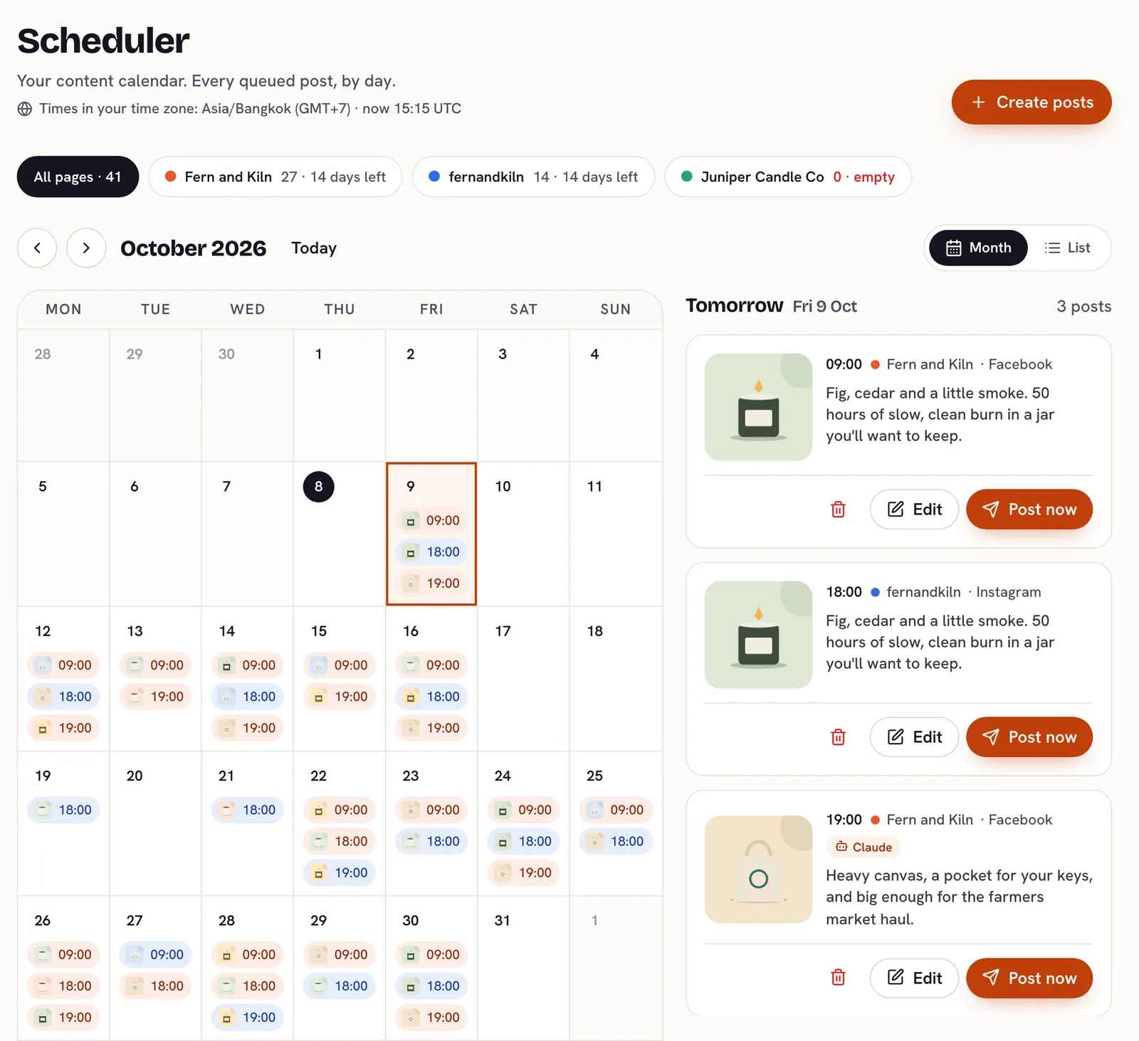 The LzyPost content calendar: a month of queued posts coloured by page, with the selected day's posts and Edit and Post now buttons