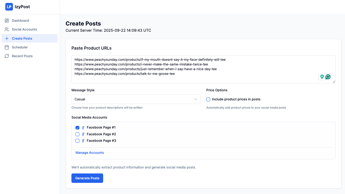 Paste your product URLs and configure post settings