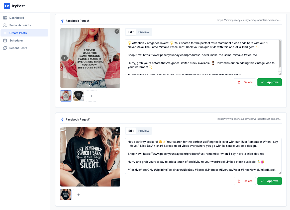 Preview and approve AI-generated posts before scheduling