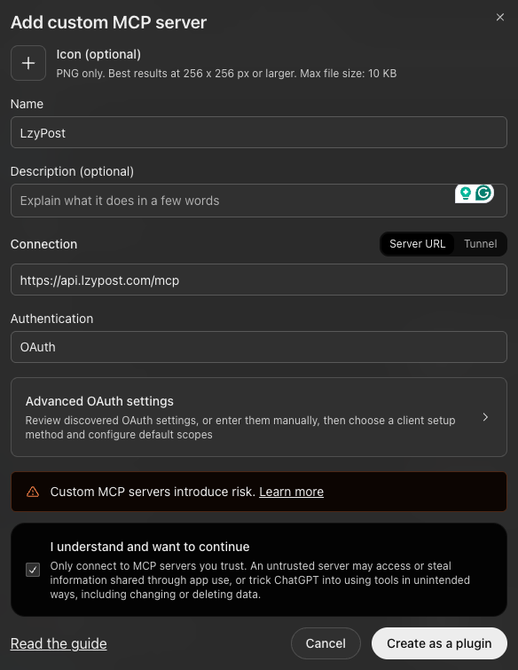 ChatGPT step 1: Add a custom MCP server